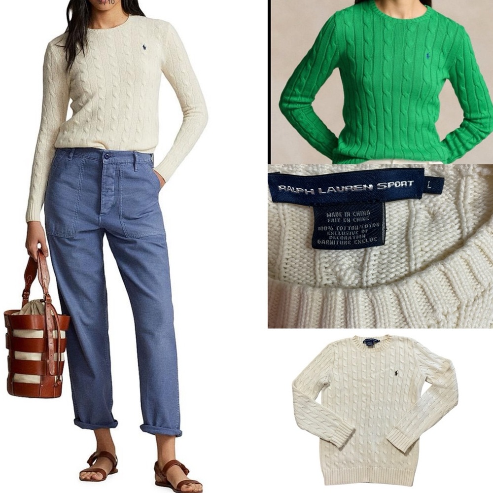 Ralph Lauren Sport Cable-Knit Cotton Crewneck Ivory Jumper Size Large old money - Picture 16 of 16